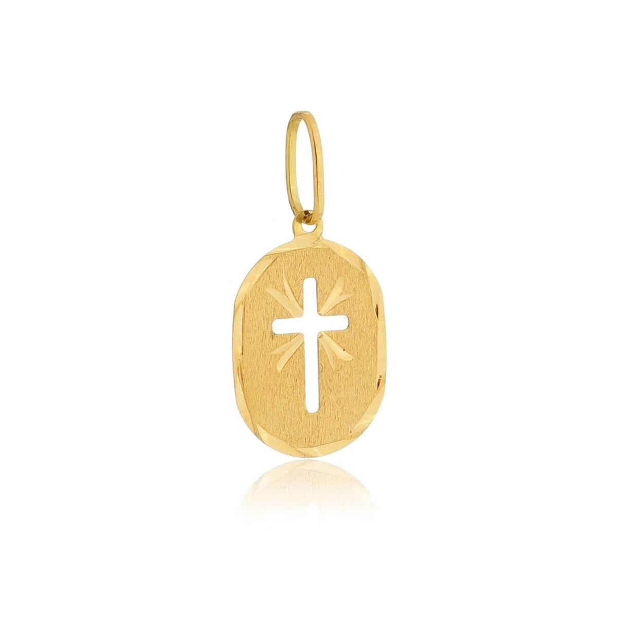 Pingente Ouro 18k Placa C/Cruz Oval Trabalhada 15mm 