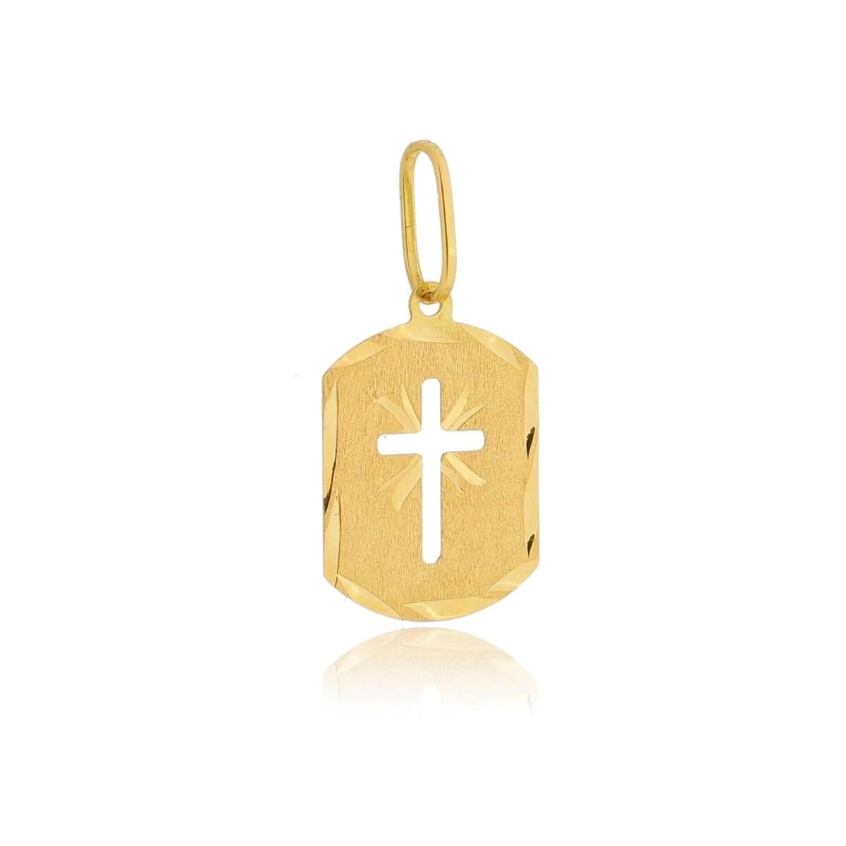 Pingente Ouro 18k Placa C/Cruz Trabalhada 15mm 