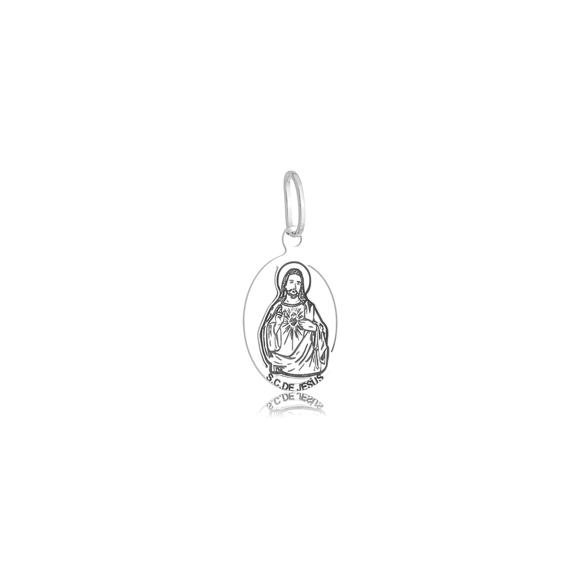 Pingente Prata 925 Medalha Sagrado Coração de Jesus 1.4cm