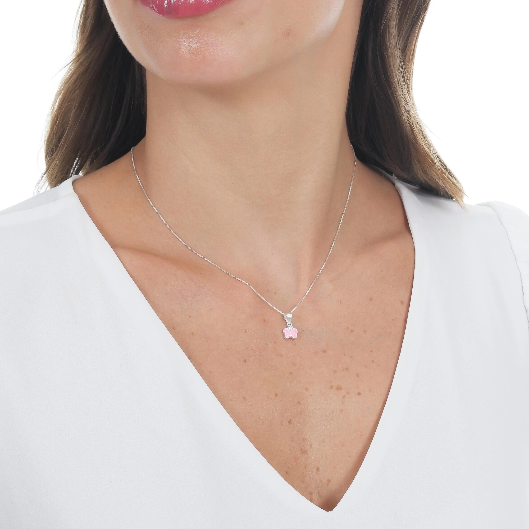 Pingente Prata Borboleta Rosa e Branco Prata 925