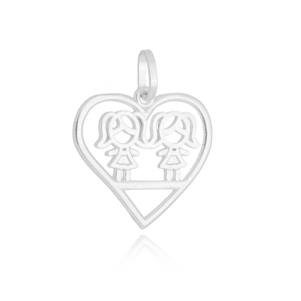 Pingente Prata Coração 2 Meninas 20mm Prata 925