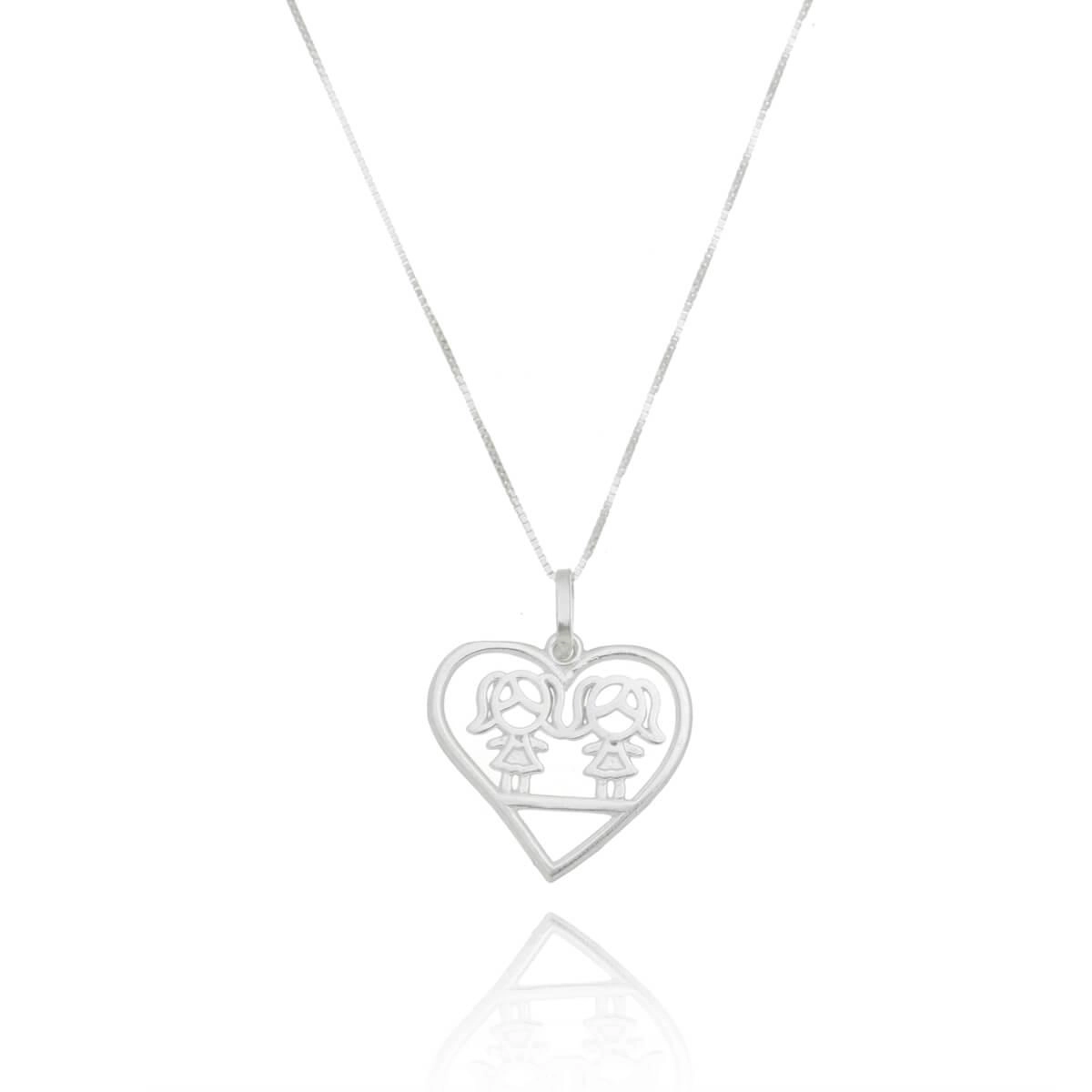 Pingente Prata Coração 2 Meninas 20mm Prata 925