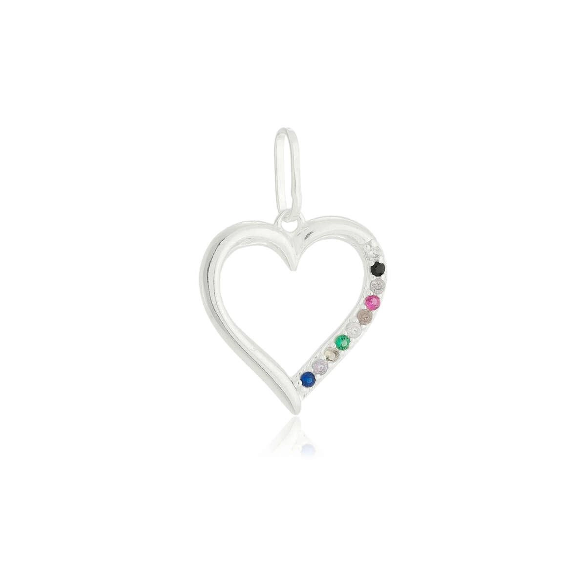 Pingente Prata Coração Pedras Coloridas 1.70cm Prata 925