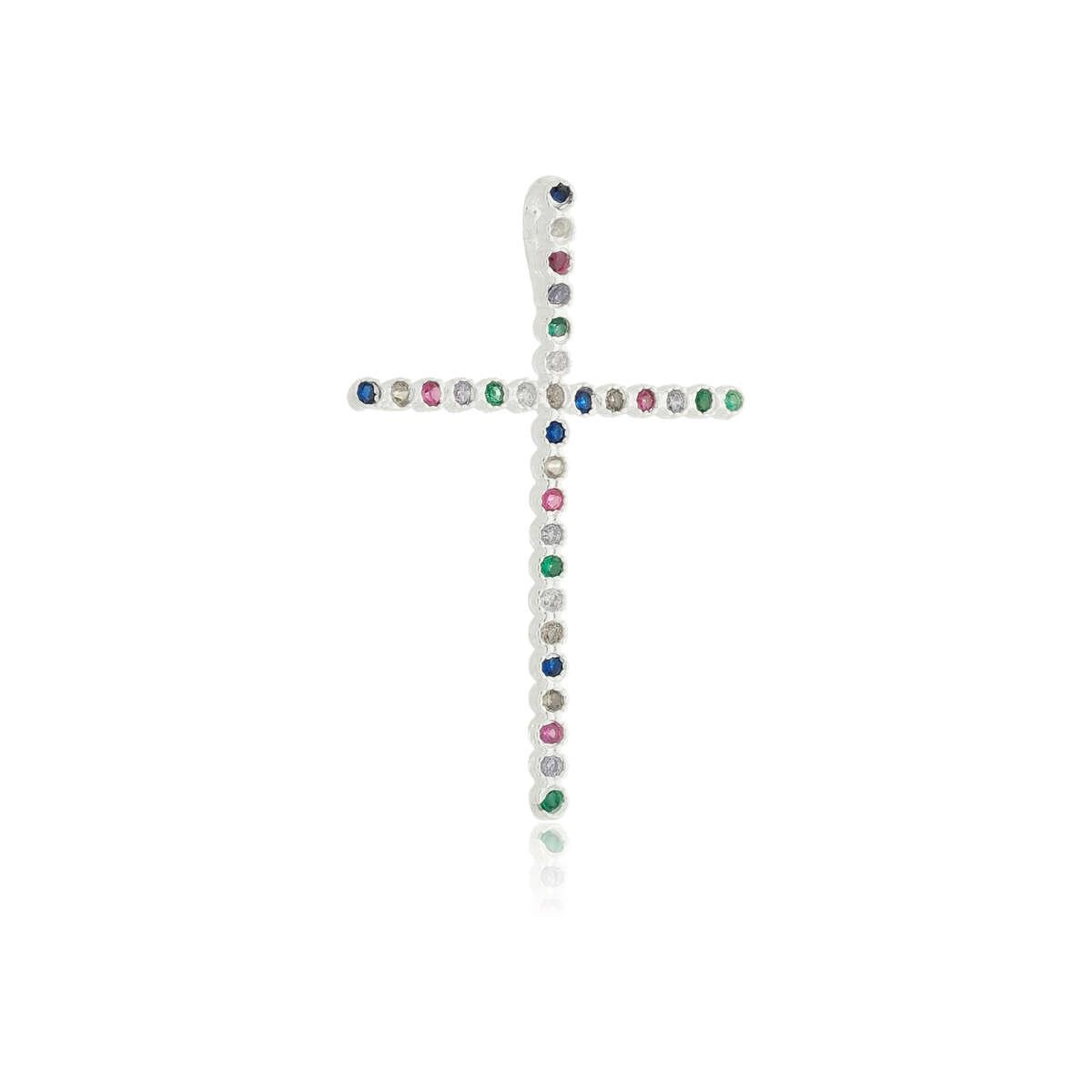 Pingente Prata Cruz Pedras Coloridas 3.30cm Prata 925