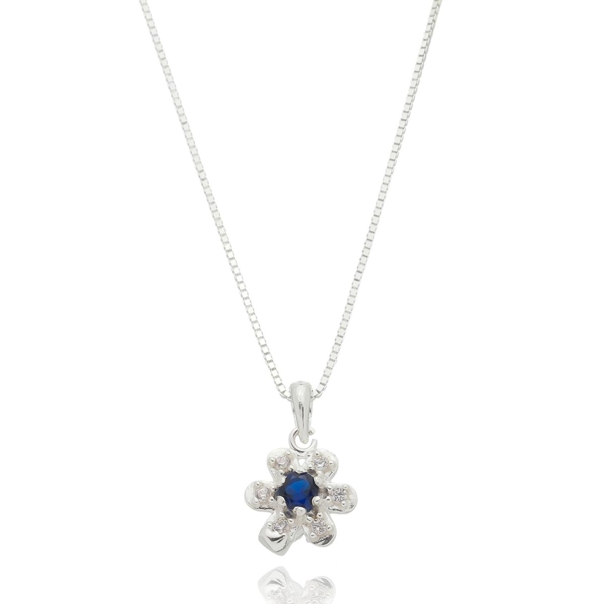 Pingente Prata Flor 9mm C/Zircônia Azul Prata 925