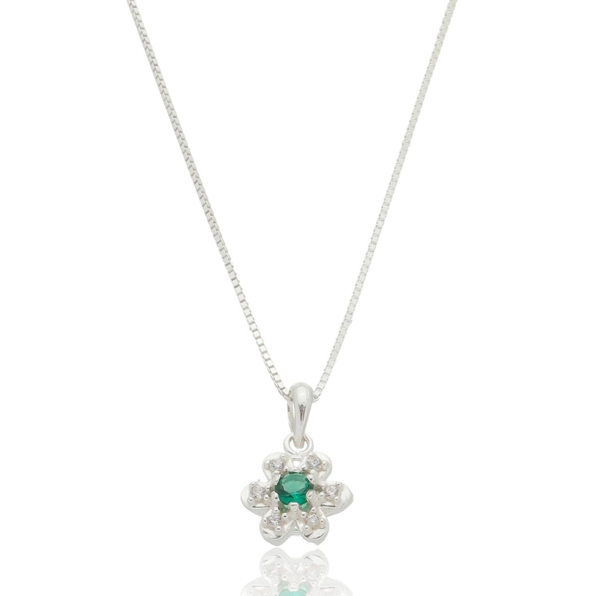 Pingente Prata Flor 9mm C/Zircônia Verde Prata 925
