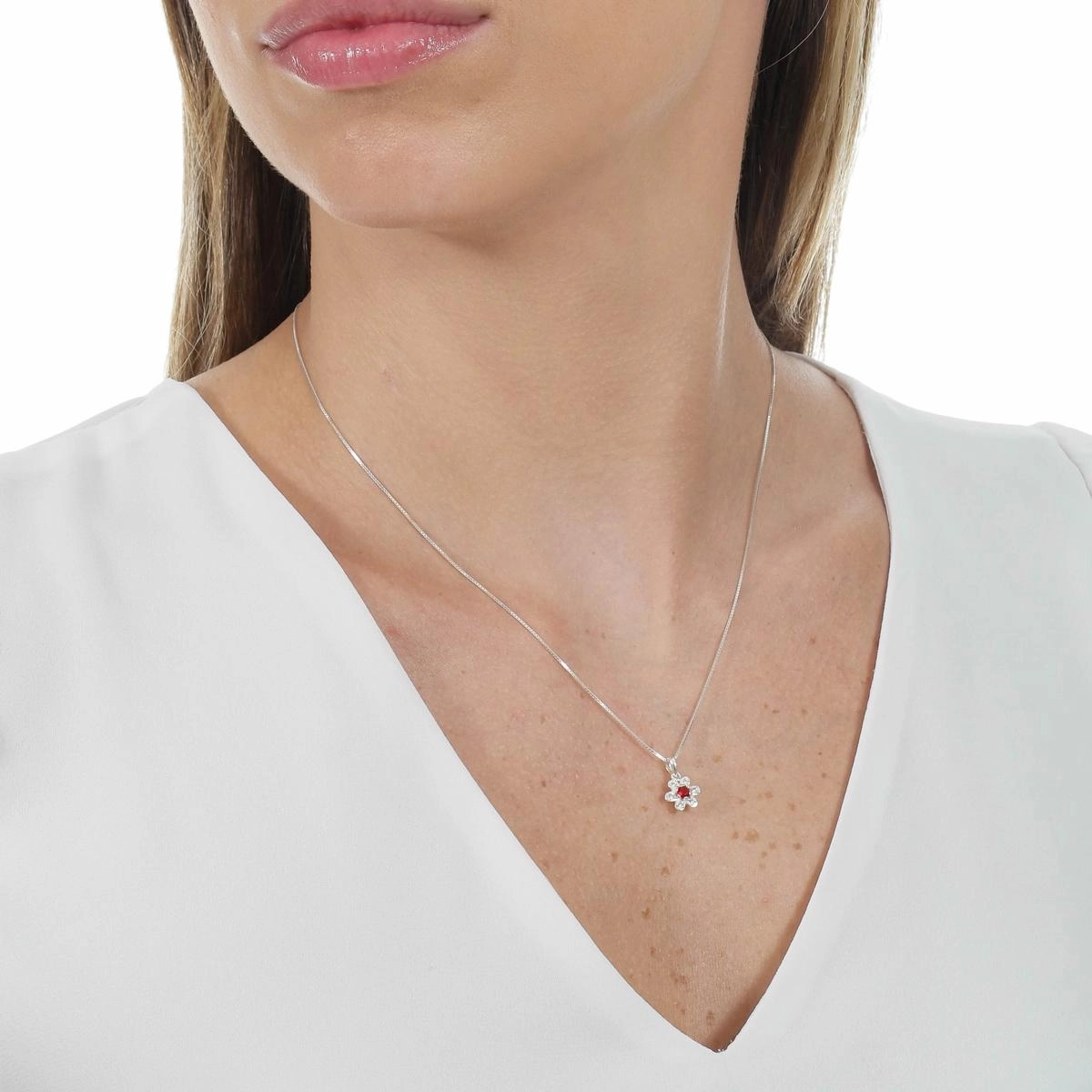 Pingente Prata Flor 9mm C/Zircônia Vermelha Prata 925