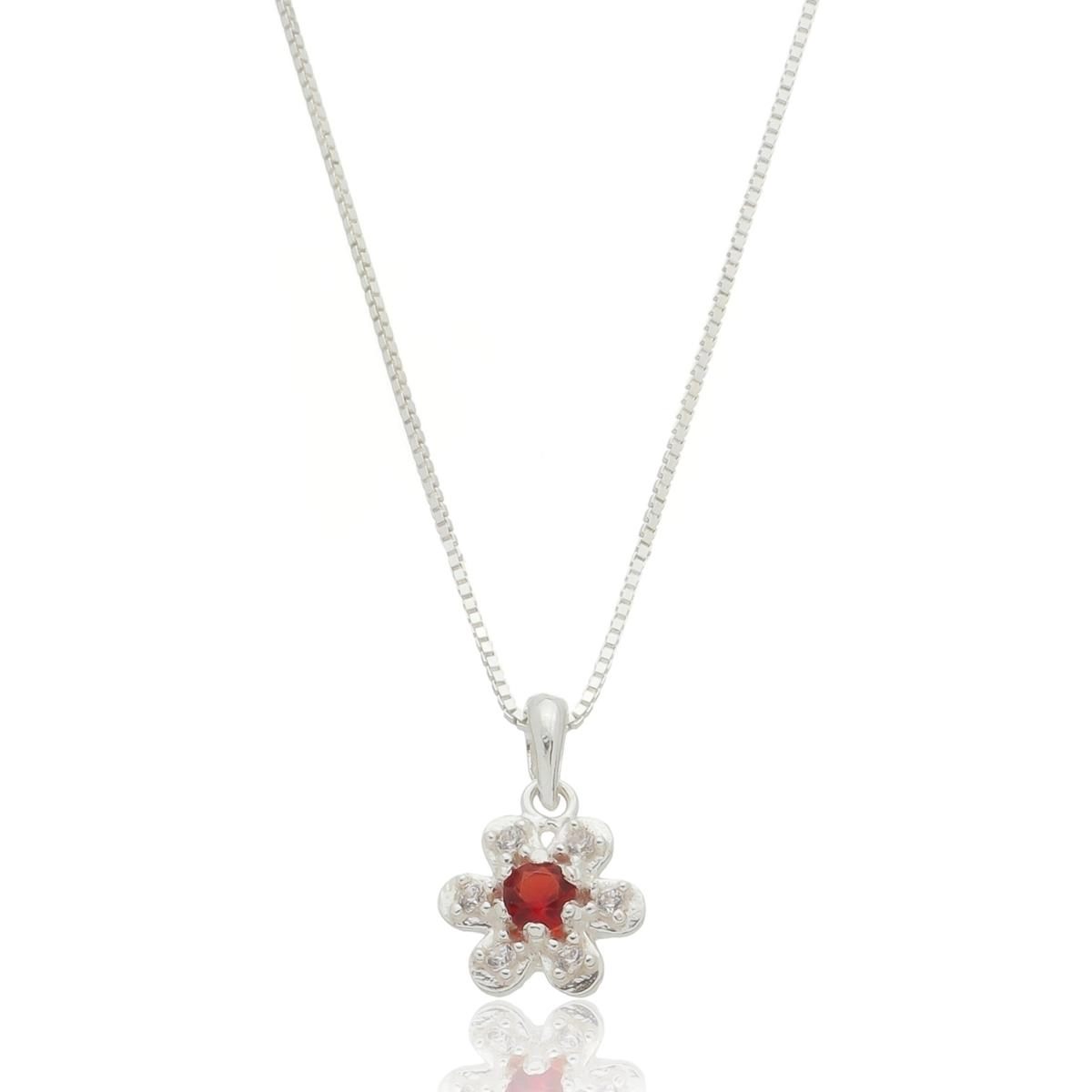 Pingente Prata Flor 9mm C/Zircônia Vermelha Prata 925