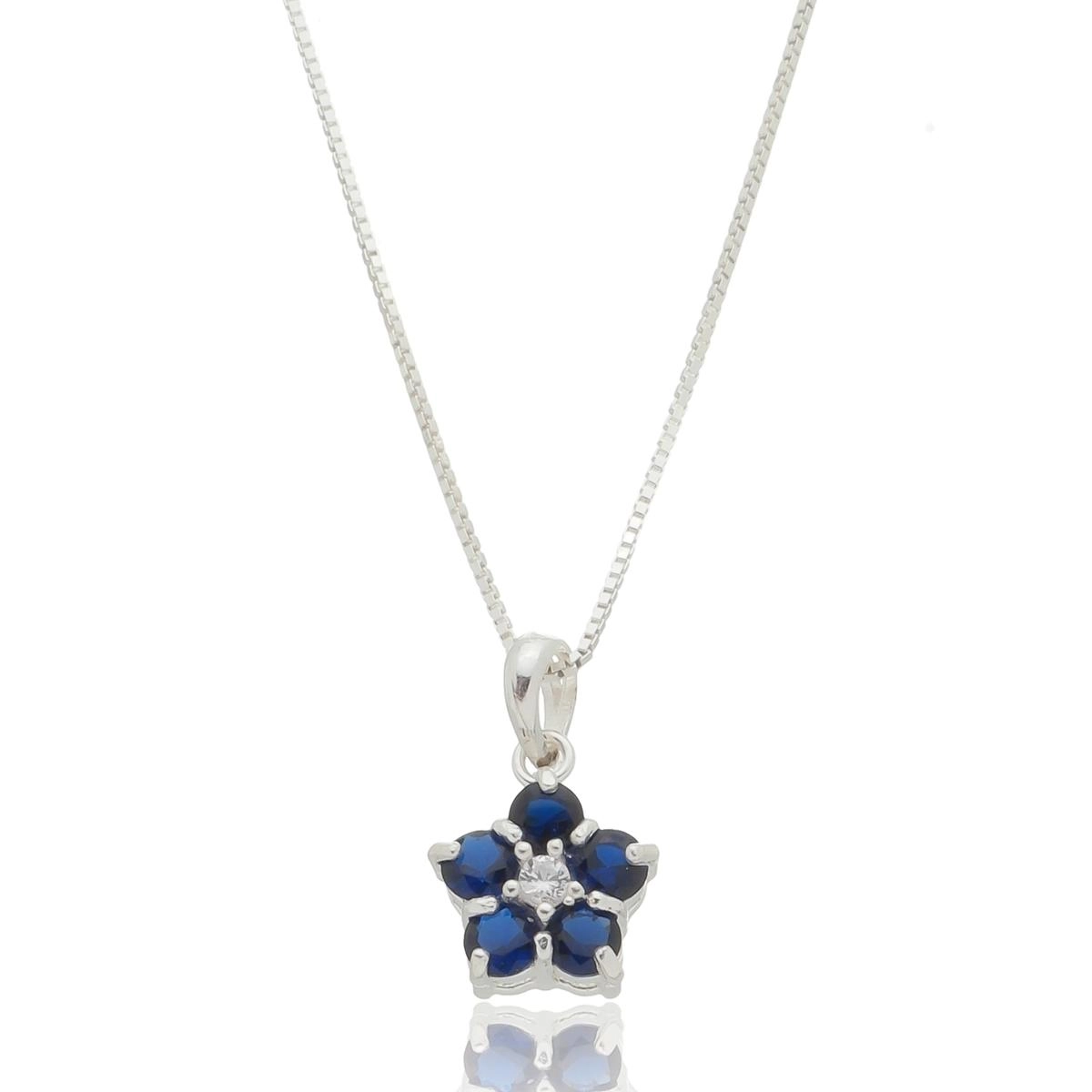 Pingente Prata Flor 9mm C/Zircônias Azuis Prata 925