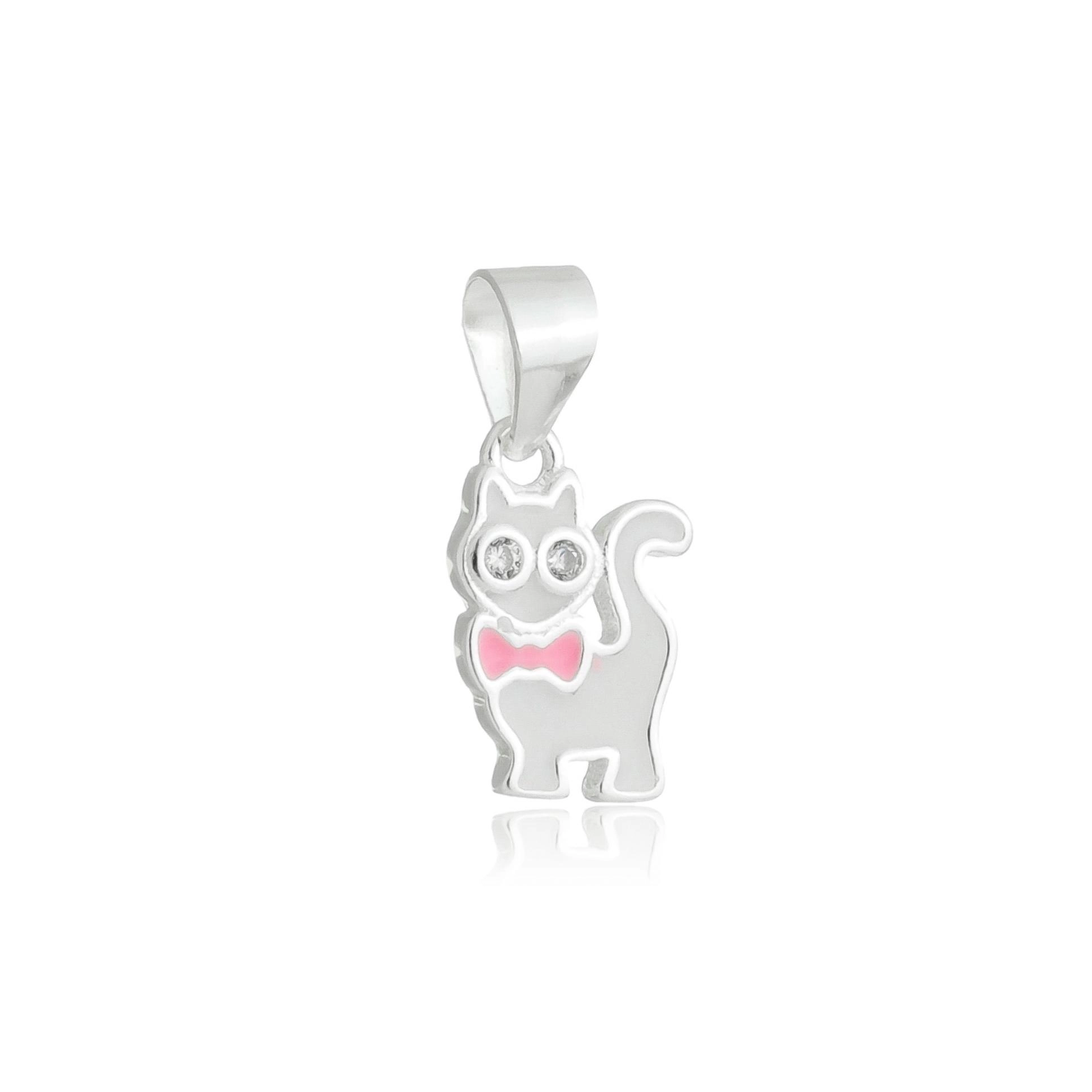 Pingente Prata Gato Laço Rosa Prata 925